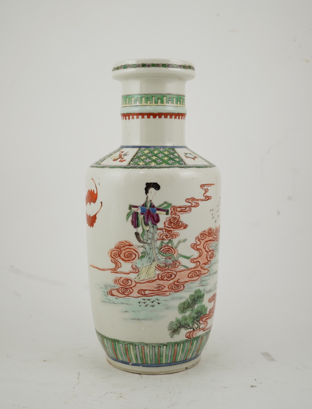 A Chinese famille rose rouleau vase, Kangxi mark, c.1900
